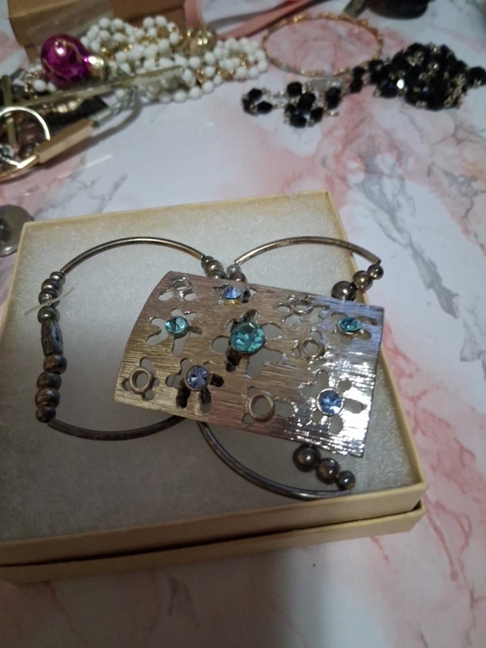 Silver-Tone Bracelet Set with Blue Crystal Accents